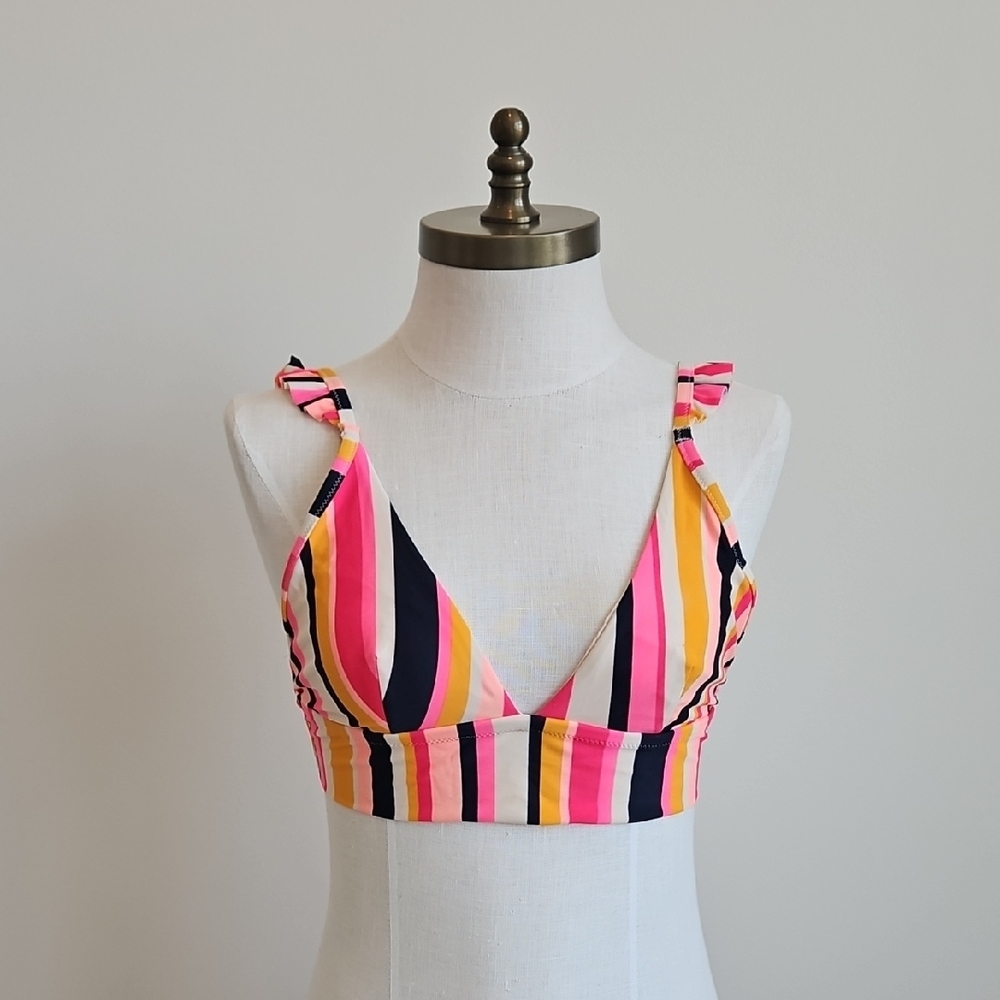 Aerie Pink and Navy Ruffled Longline Bikini Top - Picture 1 of 4